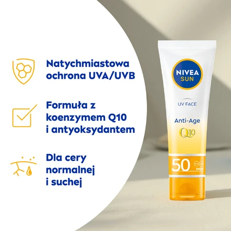 Набір Nivea Sun UV Face Q10 Anti-Age, антивіковий сонцезахисний крем, SPF 50, 50 мл + зволожуючий сонцезахисний спрей, SPF 20, 200 мл + безкоштовна пляжна сумка: ціни та характеристики