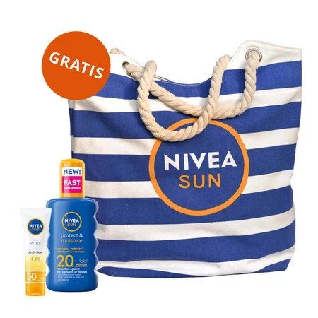Набір Nivea Sun UV Face Q10 Anti-Age, антивіковий сонцезахисний крем, SPF 50, 50 мл + зволожуючий сонцезахисний спрей, SPF 20, 200 мл + безкоштовна пляжна сумка: ціни та характеристики