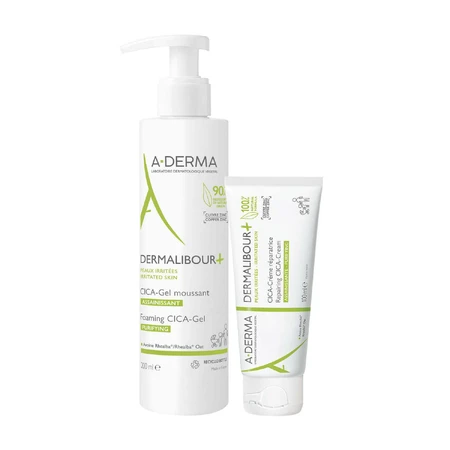 Набір A-Derma Dermalibour+ Cica, гель для очищення подразненої шкіри, 200 мл + відновлювальний крем для подразненої шкіри, з першого дня, 100 мл: ціни та характеристики