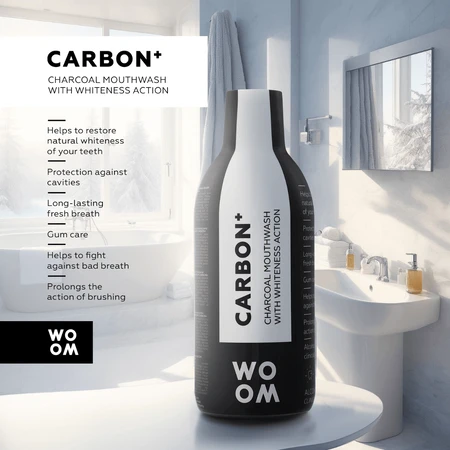 Woom Carbon+, отбеливающий ополаскиватель для полости рта, с активированным углем, 500 мл: цены и характеристики