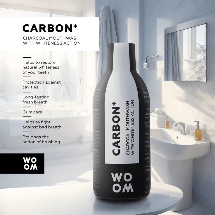 Woom Carbon+, отбеливающий ополаскиватель для полости рта, с активированным углем, 500 мл: цены и характеристики