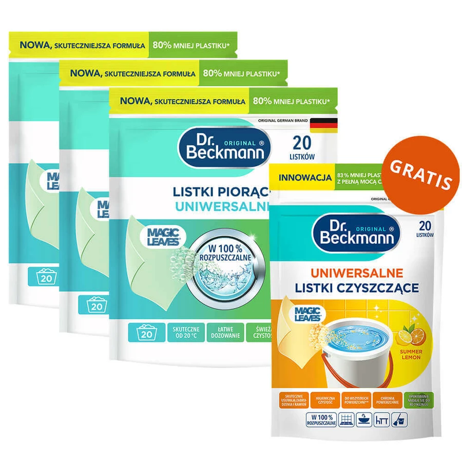 Набір Dr Beckmann Magic Leaves, миючі листки, універсальні, 3 x 20 штук + чистячі листки, універсальні, літній лимон, 20 штук безкоштовно: ціни та характеристики