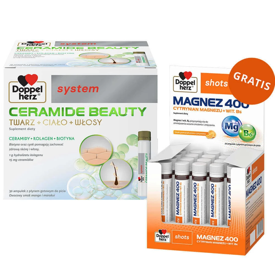 Doppelherz Ceramide Beauty System, со вкусом манго и маракуйи, 25 мл x 30 ампул + Magnesium 400, жидкий, со вкусом апельсина и лимона, 25 мл x 20 ампул бесплатно: цены и характеристики