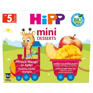 HiPP Mini Dessert Bio, яблоко, персик, манго, после 5 месяцев, 4 х 100 г