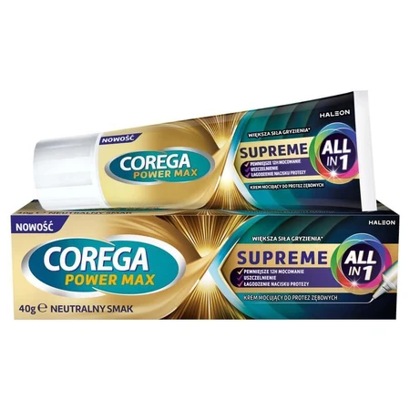 Corega Power Max Supreme All-In 1, фиксирующий крем для зубных протезов, нейтральный, 40 г: цены и характеристики