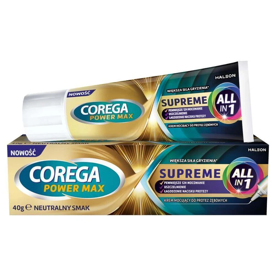 Corega Power Max Supreme All-In 1, фиксирующий крем для зубных протезов, нейтральный, 40 г: цены и характеристики