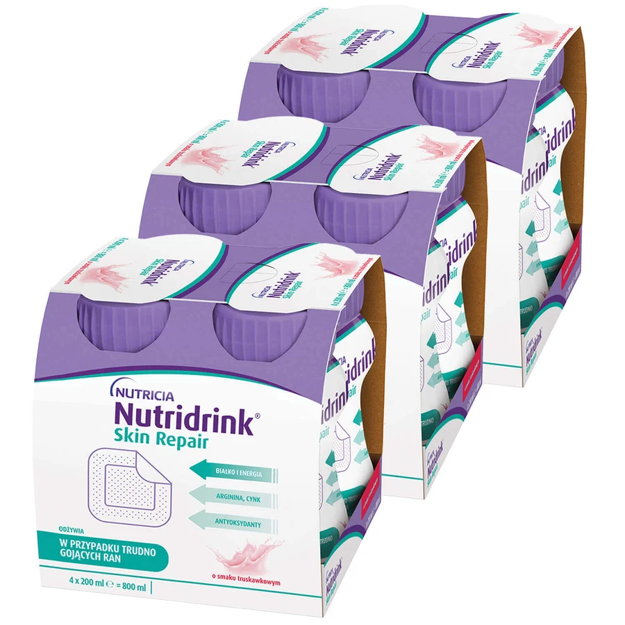 Набір Nutridrink Skin Repair, поживний препарат, полуничний смак, 12 х 200 мл: ціни та характеристики