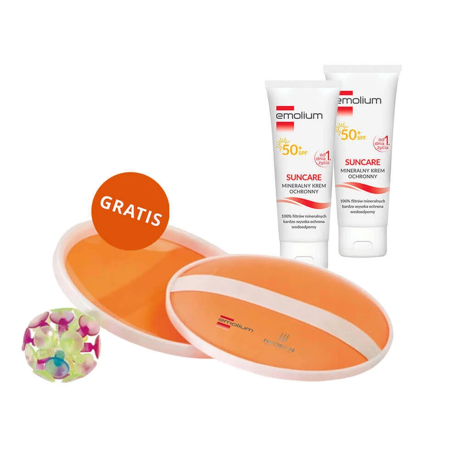 Набор Emolium Suncare, минеральный защитный крем для детей с первого дня жизни и взрослых, SPF 50+, 2 x 50 мл + пляжная игра "поймай мяч" бесплатно: цены и характеристики