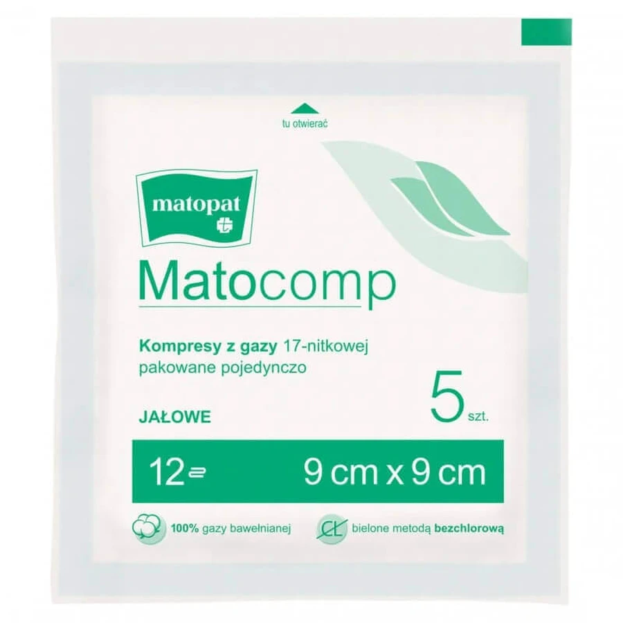 Matopat Matocomp, стерильные марлевые компрессы, 17 нитей, 12 слоев, 9 см x 9 см, 5 штук: цены и характеристики