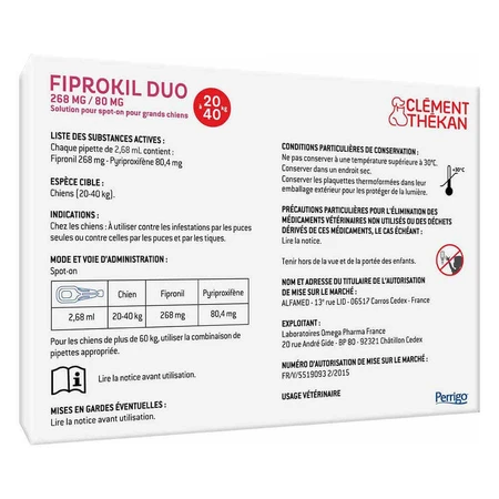 Clement-Thekan Fiprokil FIprokil Duo средство от блох и клещей для собак 20-40 кг 4 пипетки Chien 10-20 кг 2,68 мл x4 пипетки: цены и характеристики