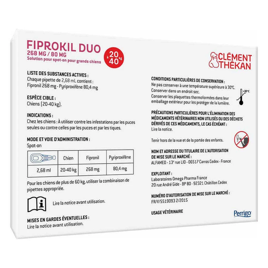 Clement-Thekan Fiprokil FIprokil Duo средство от блох и клещей для собак 20-40 кг 4 пипетки Chien 10-20 кг 2,68 мл x4 пипетки: цены и характеристики