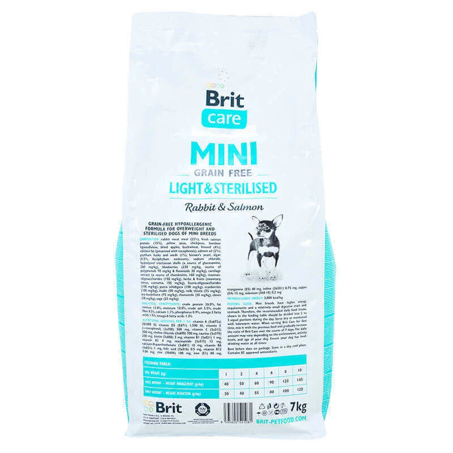 Brit Care (Брит Кеа) Mini Grain Free Light & Sterilised - Сухой корм с кроликом и лососем для взрослых собак мини пород с избыточным весом или стерилизванных собак, 7 кг: цены и характеристики