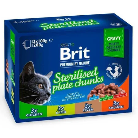 Brit Premium Cat Sterilised Plate - Набір паучів Родинна тарілка асорті в соусі для стерилізованих котів, 12 шт х 100 г: ціни та характеристики