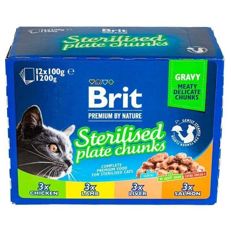 Brit Premium Cat Sterilised Plate - Набір паучів Родинна тарілка асорті в соусі для стерилізованих котів, 12 шт х 100 г: ціни та характеристики