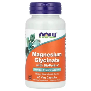 Магній гліцинат, Magnesium Glycinate, NOW Foods, з біоперином, 60 рослинних капсул