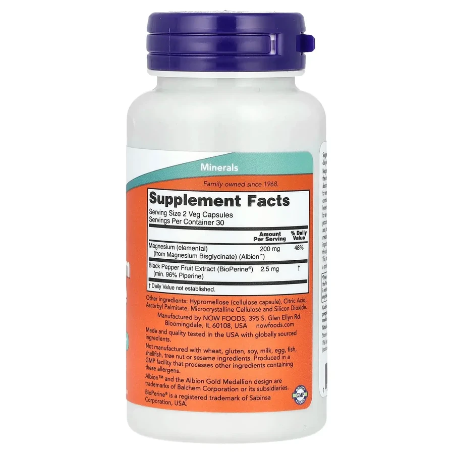 Магній гліцинат, Magnesium Glycinate, NOW Foods, з біоперином, 60 рослинних капсул: ціни та характеристики