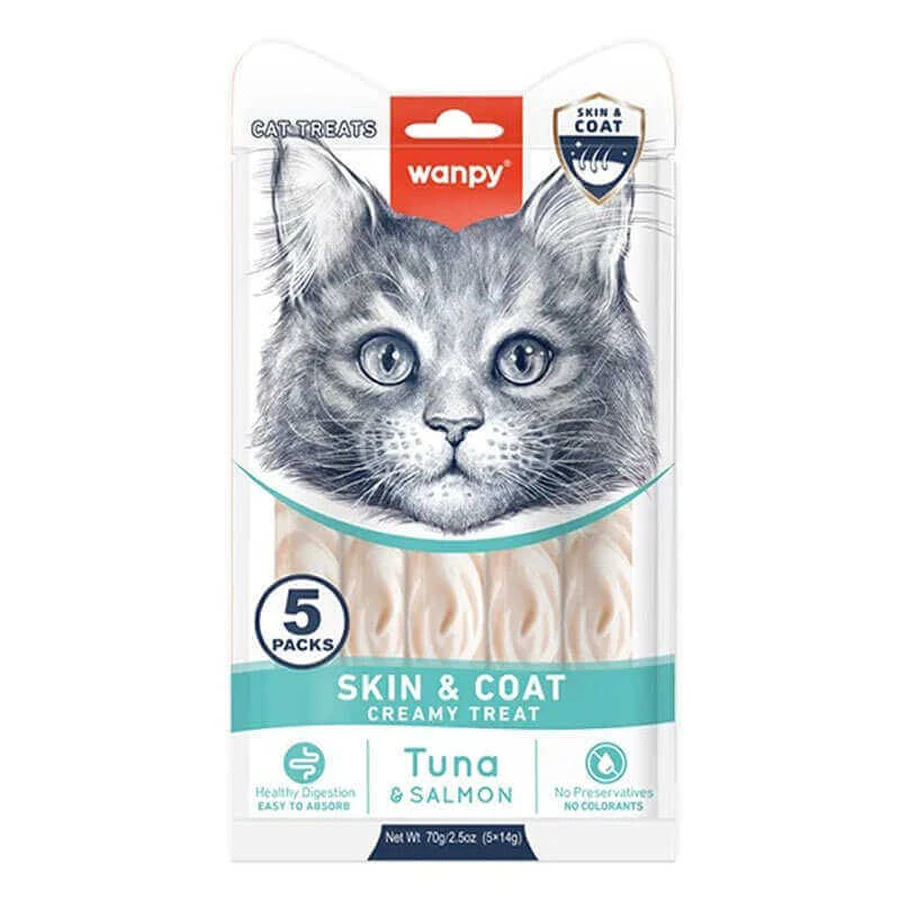 Wanpy Functional Creamy Treats Tuna & Salmon Skin & Coat Кремові ласощі з тунцем та лососем для здоров’я шкіри і шерсті у котів, 70 г: ціни та характеристики