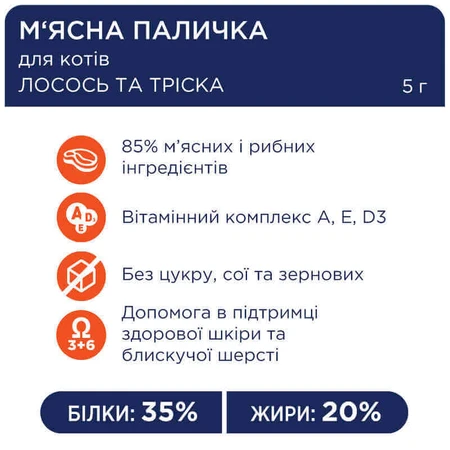 Club 4 Paws Premium Meat Stick Salmon & Cod - М'ясна паличка Лосось і тріска для котів, 5 г: ціни та характеристики