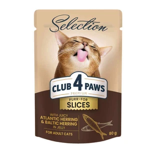 Club 4 Paws Premium Selection Cat Slices Atlantic & Baltic Herring in Jelly - Влажный корм с сельдью и салакой для взрослых кошек (слайсы в желе), 80 г
