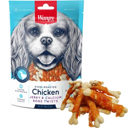 Wanpy Chicken Jerky & Calcium Bone Twists Ласощі кісточки з в'яленою куркою та збагачені кальцієм для собак, 100 г: ціни та характеристики