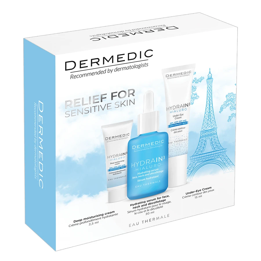 Набор Dermedic Hydrain 3 Hialuro, увлажняющая сыворотка для лица, шеи и декольте, сухая кожа, 30 мл + крем для век, 15 мл + глубоко увлажняющий крем, 2,5 мл: цены и характеристики