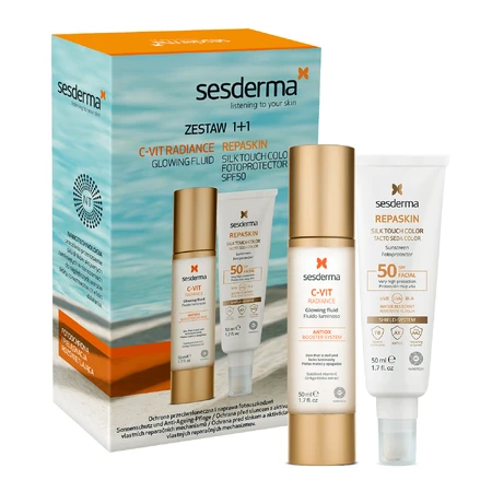 Набір Sesderma, C-Vit Radiance, освітлюючий крем для обличчя, 50 мл + Repaskin Silk Touch Colour, сонцезахисний крем, кольоровий, SPF 50, 50 мл: ціни та характеристики