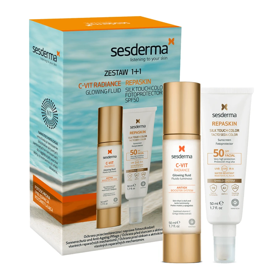 Набір Sesderma, C-Vit Radiance, освітлюючий крем для обличчя, 50 мл + Repaskin Silk Touch Colour, сонцезахисний крем, кольоровий, SPF 50, 50 мл: ціни та характеристики