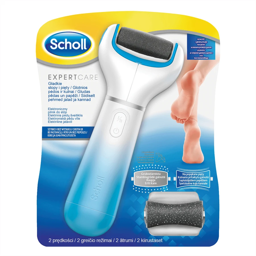 Scholl Expert Care, электронная пилочка для ног на батарейках с насадкой с крупной зернистостью и запасной насадкой для трещин на пятках, синяя, 1 штука: цены и характеристики