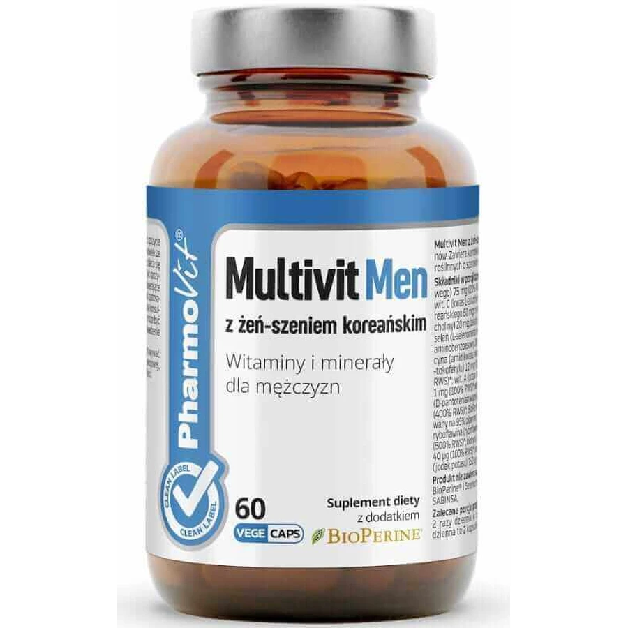 Multivit Men з корейським женьшенем Вітаміни та мінерали для чоловіків 60 капсул Pharmovit Clean Label: ціни та характеристики