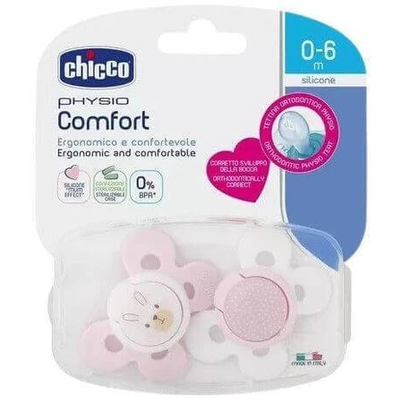 Силіконова пустушка Chicco Physio Comfort Зайчик/Бутони 0-6м 2 шт.: ціни та характеристики