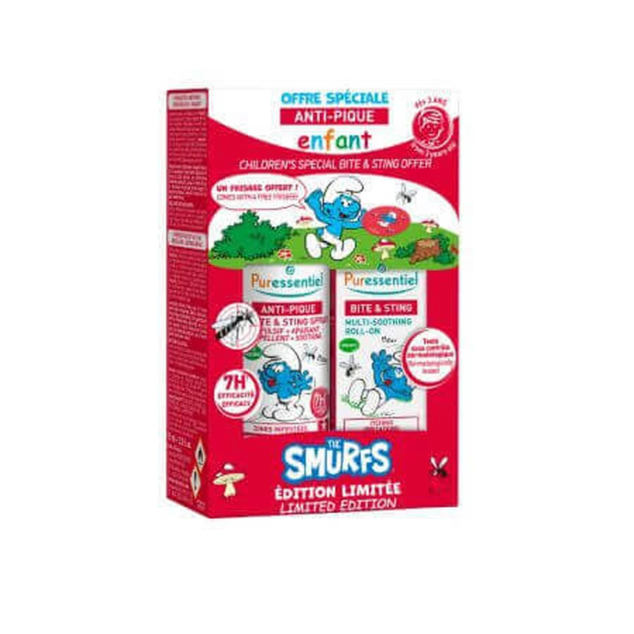 Детский набор против проливаний с успокаивающим спреем и роллером Smurfs Edition, 3 года +, 75 мл + 5 мл, Puressential: цены и характеристики