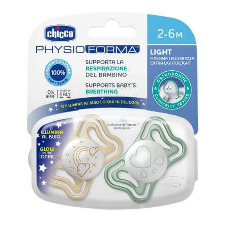Пустышка PhysioForma Glow, унисекс, 2-6 месяцев, 2 штуки, Chicco: цены и характеристики