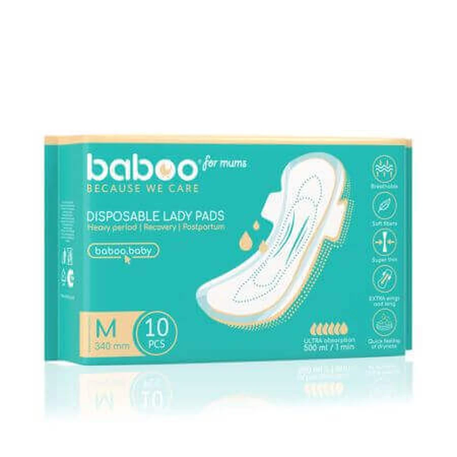 Послеродовые одноразовые впитывающие прокладки, размер M 340 мм, 10 штук, Baboo: цены и характеристики