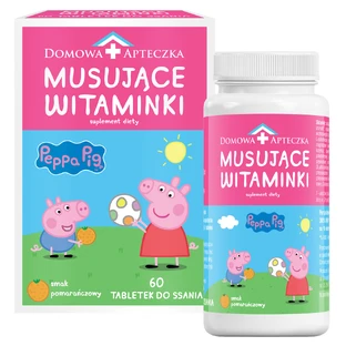 Вітаміни ігристі Peppa Pig, апельсиновий смак, від 3 років, 60 пастилок + Льодяник вітамінний без цукру Peppa Pig, полуничний смак, 8 г без цукру