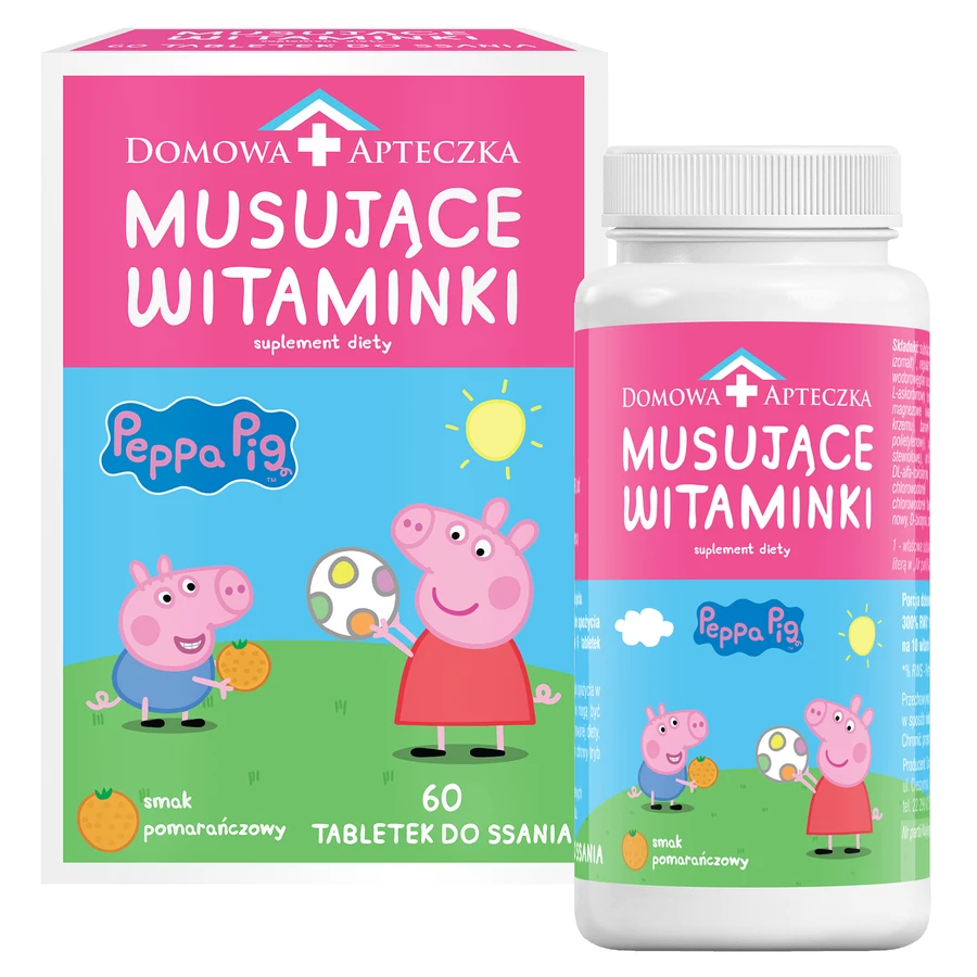 Вітаміни ігристі Peppa Pig, апельсиновий смак, від 3 років, 60 пастилок + Льодяник вітамінний без цукру Peppa Pig, полуничний смак, 8 г без цукру: ціни та характеристики