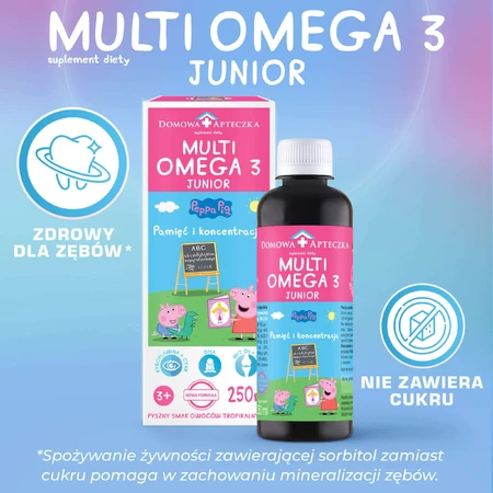 MultiOmega 3 Junior, жидкость для детей старше 3 лет, со вкусом тропических фруктов, 250 мл + Витаминный леденец Свинка Пеппа без сахара, со вкусом клубники, с 3 лет, 8 г бесплатно: цены и характеристики