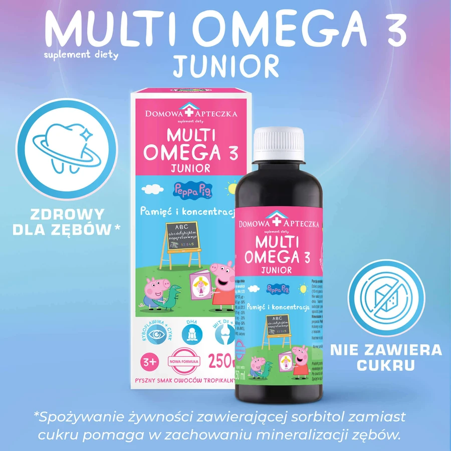 MultiOmega 3 Junior, жидкость для детей старше 3 лет, со вкусом тропических фруктов, 250 мл + Витаминный леденец Свинка Пеппа без сахара, со вкусом клубники, с 3 лет, 8 г бесплатно: цены и характеристики