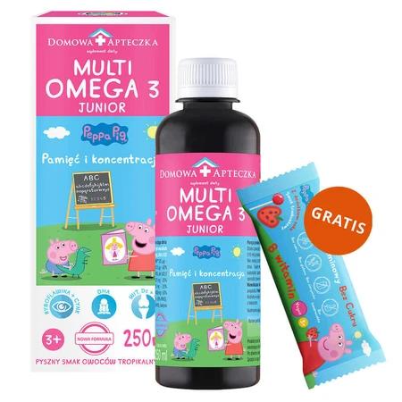 MultiOmega 3 Junior, жидкость для детей старше 3 лет, со вкусом тропических фруктов, 250 мл + Витаминный леденец Свинка Пеппа без сахара, со вкусом клубники, с 3 лет, 8 г бесплатно: цены и характеристики