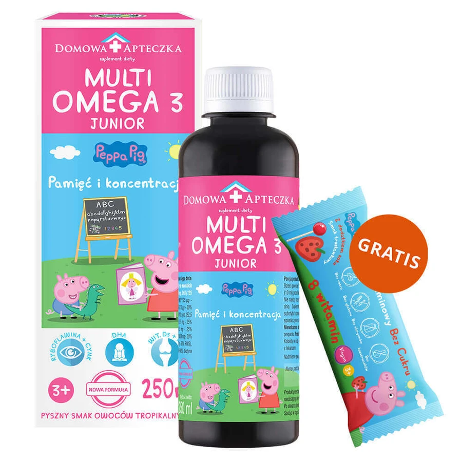 MultiOmega 3 Junior, жидкость для детей старше 3 лет, со вкусом тропических фруктов, 250 мл + Витаминный леденец Свинка Пеппа без сахара, со вкусом клубники, с 3 лет, 8 г бесплатно: цены и характеристики