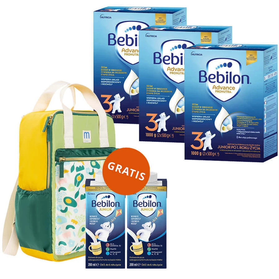 Набор Bebilon Advance Pronutra 3 Junior, питательная молочная смесь, после 1 года, 3 x 1000 г + Mustela, рюкзак и Bebilon Junior для питья, 2 x 200 мл бесплатно: цены и характеристики