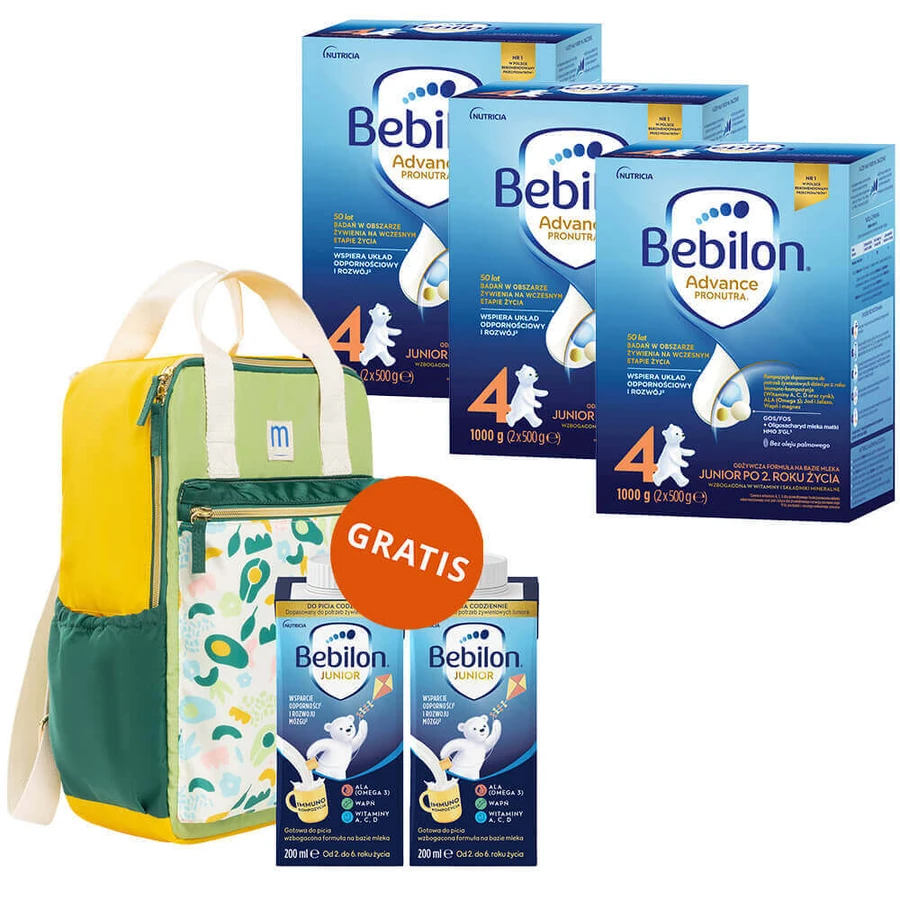 Набор Bebilon Advance Pronutra 4 Junior, питательная молочная смесь, после 2 лет, 3 x 1000 г + Mustela, рюкзак и поильник Bebilon Junior, 2 x 200 мл бесплатно: цены и характеристики