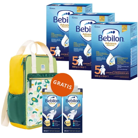 Набор Bebilon Advance Pronutra 5 Junior, питательная молочная смесь, для дошкольника, 3 x 1000 г + Mustela, рюкзак и напиток Bebilon Junior, 2 x 200 мл бесплатно: цены и характеристики