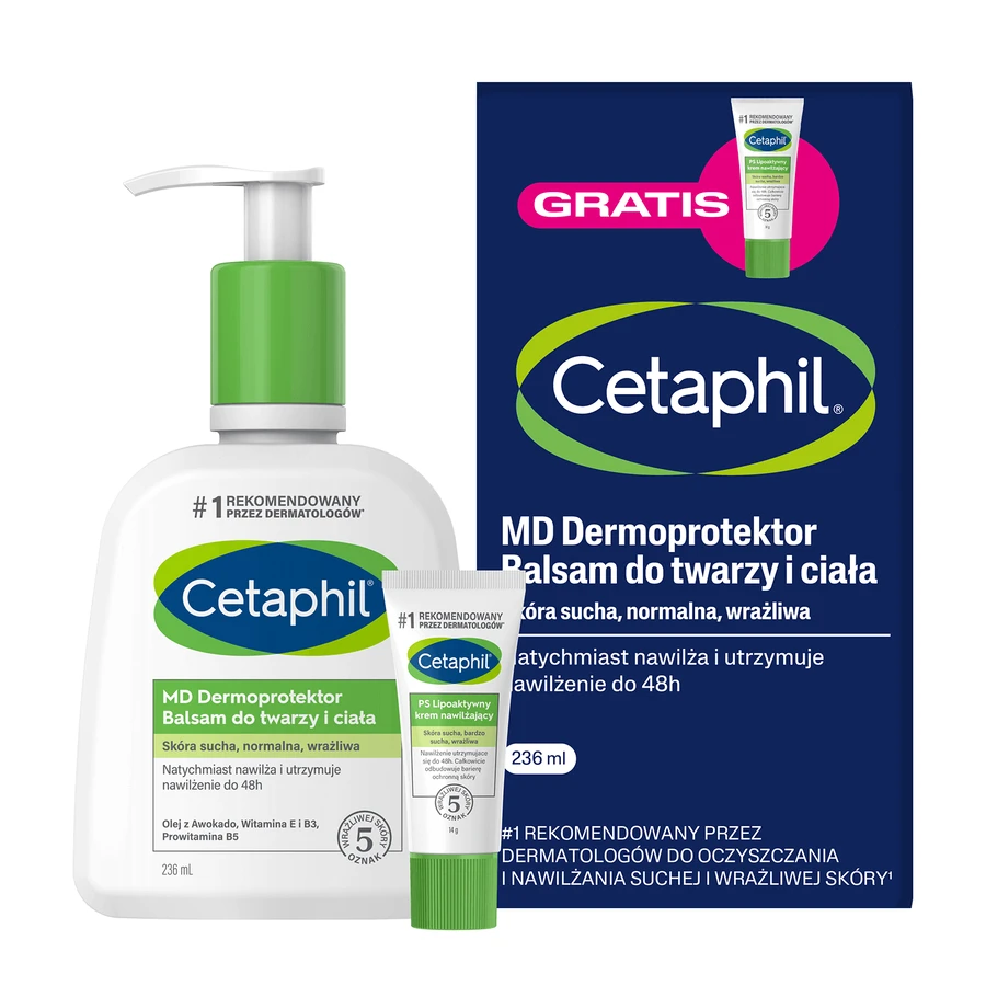Cetaphil MD Dermoprotector, лосьйон для обличчя та тіла, 236 мл + Cetaphil PS, ліпоактивний зволожуючий крем, міні-продукт, 14 г безкоштовно: ціни та характеристики