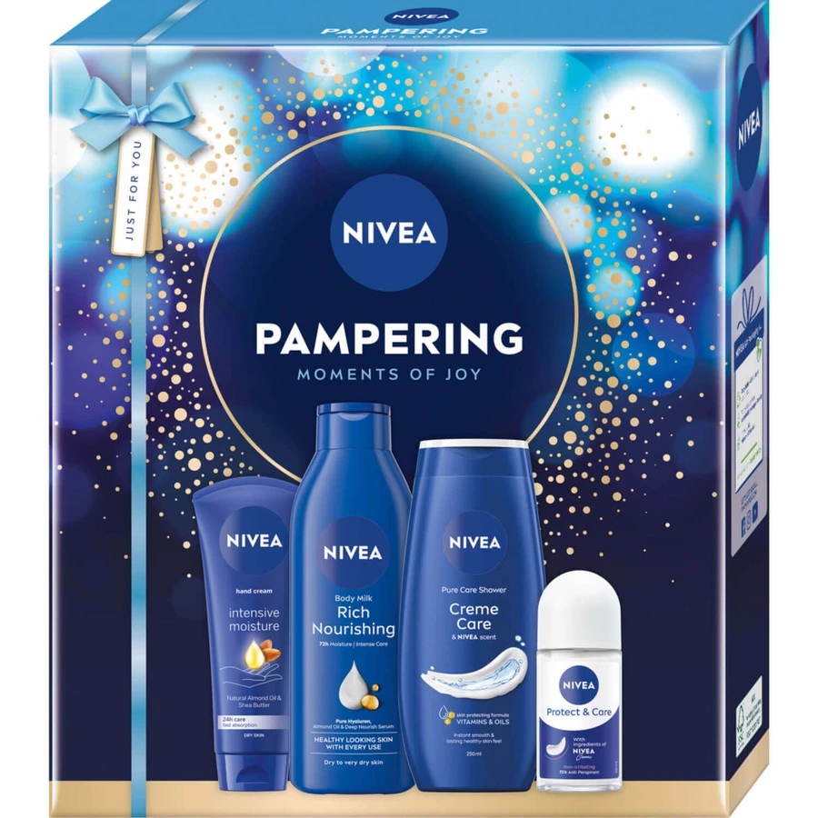 Набір Nivea Pampering, гель для душу, 200 мл + дезодорант, роликовий, 50 мл + молочко для тіла, 250 мл + крем для рук, 100 мл: ціни та характеристики