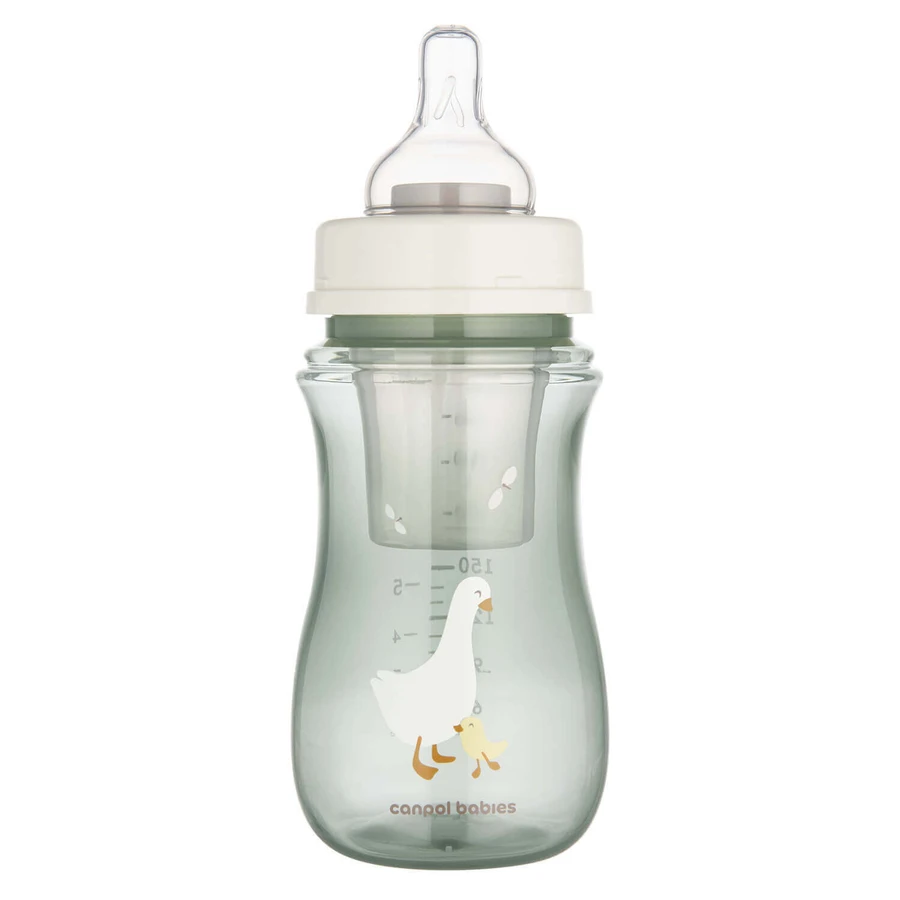 Canpol Babies EasyStart, пляшечка з широким горлом, від 3 місяців, гусяча, 240 мл + контейнер для молока: ціни та характеристики