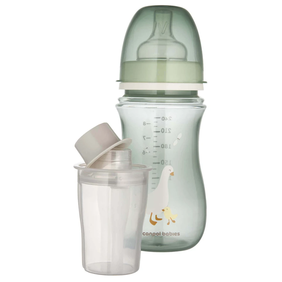 Canpol Babies EasyStart, пляшечка з широким горлом, від 3 місяців, гусяча, 240 мл + контейнер для молока: ціни та характеристики
