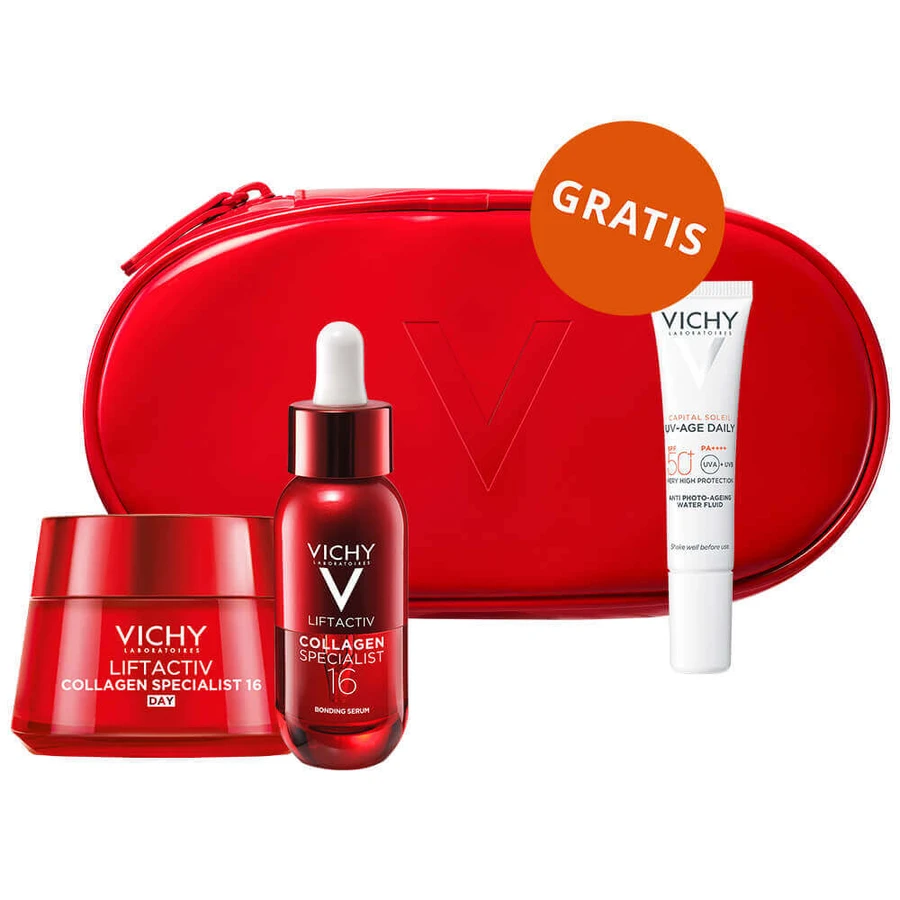 Набір Vichy Liftactiv Collagen Specialist, крем проти зморшок для всіх типів шкіри, 50 мл + сироватка, 30 мл + легкий флюїд SPF 50+, 15 мл + косметичка безкоштовно: ціни та характеристики
