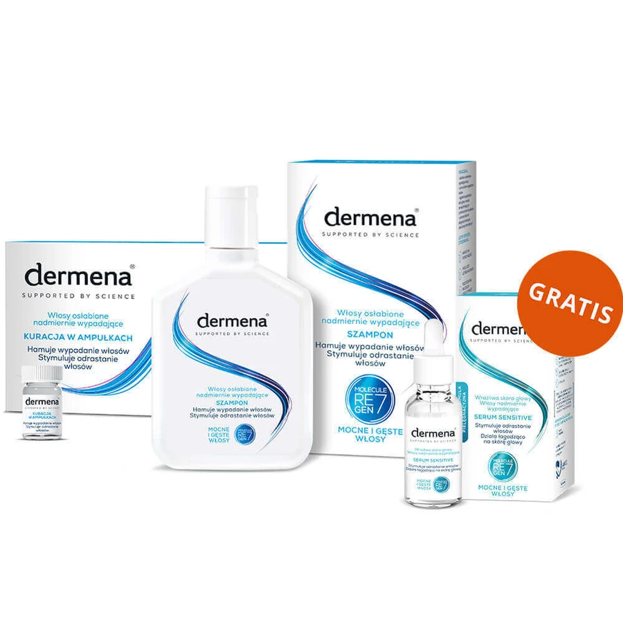 Набір Dermena Hair Care, шампунь проти випадіння волосся, 200 мл + засіб для гальмування випадіння волосся, 5 мл х 15 ампул + сироватка для стимулювання росту волосся, 50 мл безкоштовно: ціни та характеристики