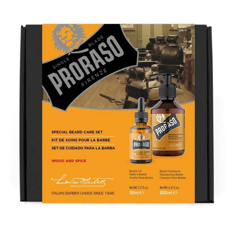 Набір Proraso Vintage, косметика для бороди, Дерево і спеції, олія, 30 мл + шампунь, 200 мл: ціни та характеристики
