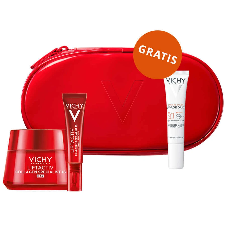 Набор Vichy Liftactiv Collagen Specialist, крем против морщин, для всех типов кожи, 50 мл + крем для век, 15 мл + легкий флюид SPF 50+, 15 мл + косметичка бесплатно: цены и характеристики